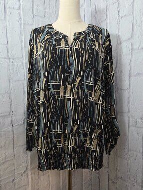 Notations Woman 3X Black Abstract Print Button Smocked Hem Longsleeve Blouse